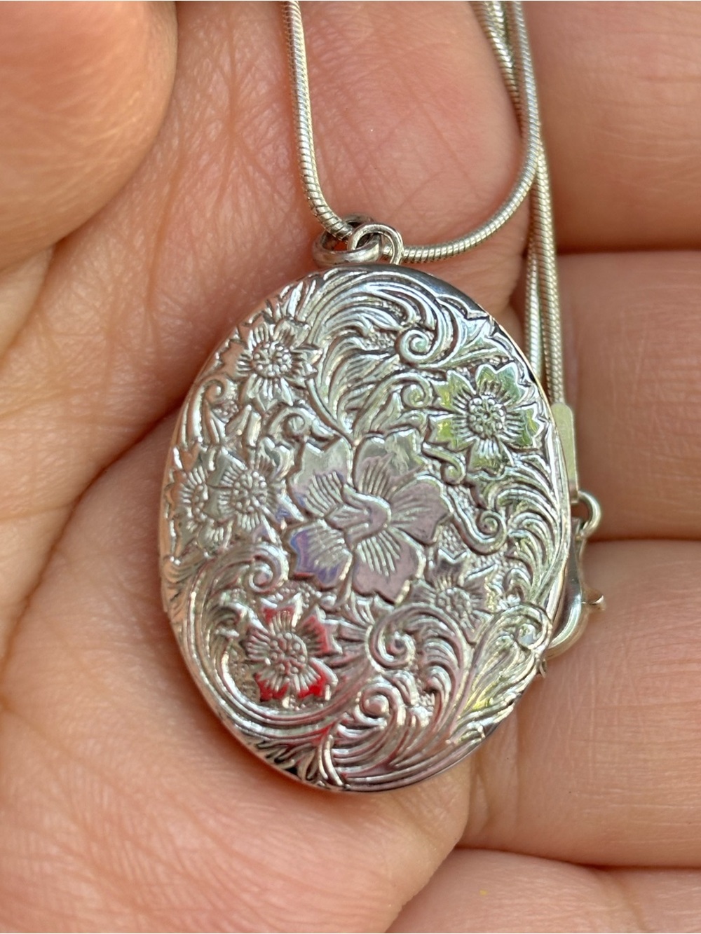 Vintage Sterling Silver Floral Locket Necklace Woman’s Jewelry Gift for Her